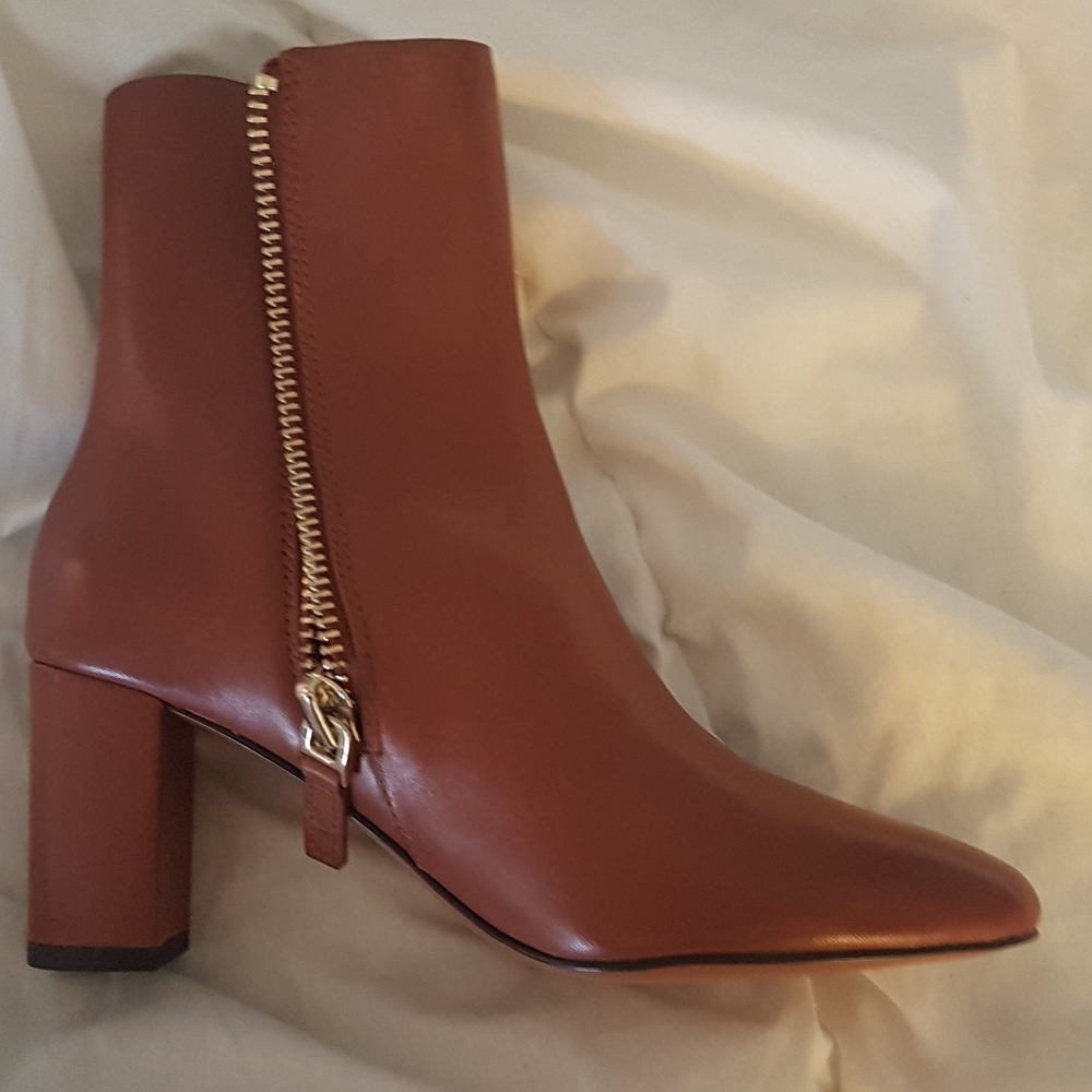 SoldBR leather rich cognac ankle boots -new in box